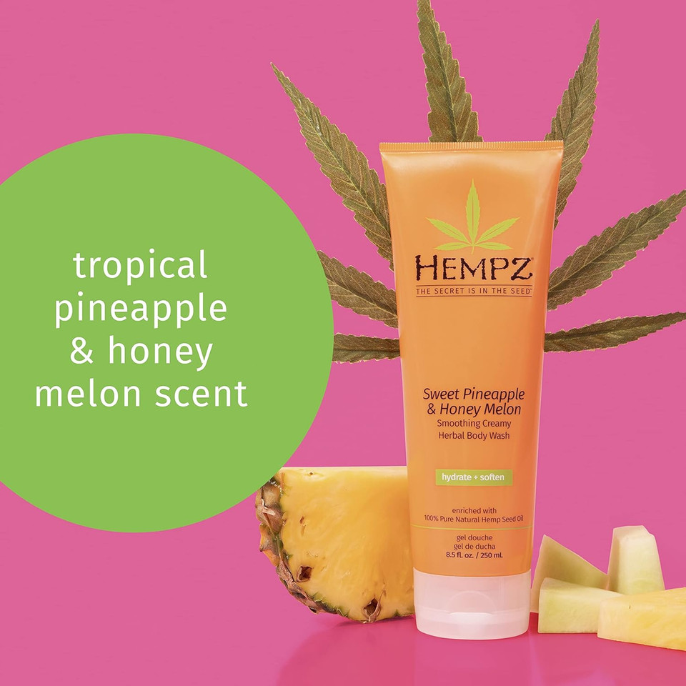 Hempz Herbal Body Wash For Women, Sweet Pineapple & Honey Melon, 8.5 Fl. Oz. - Creamy, Hydrating Body Wash With 100% Pure Hemp Seed Oil, Shea Butter, Vitamins A & E - Premium Shower And Bath Products