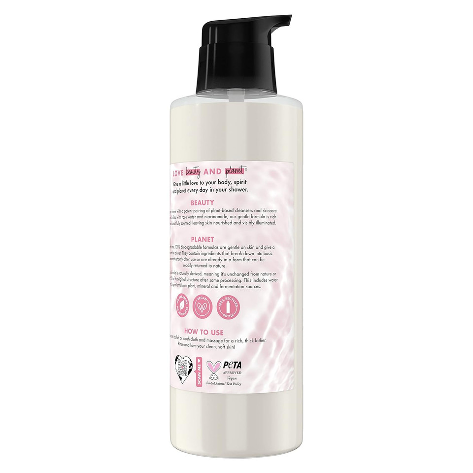 Love Beauty And Planet Plant-Based Body Wash Nourish And Illuminate Skin Rose Water And Niacinamide Made With Plant-Based Cleansers And Skin Care Ingredients 32.3 Fl Oz32.3 Fl Oz (Pack Of 1)