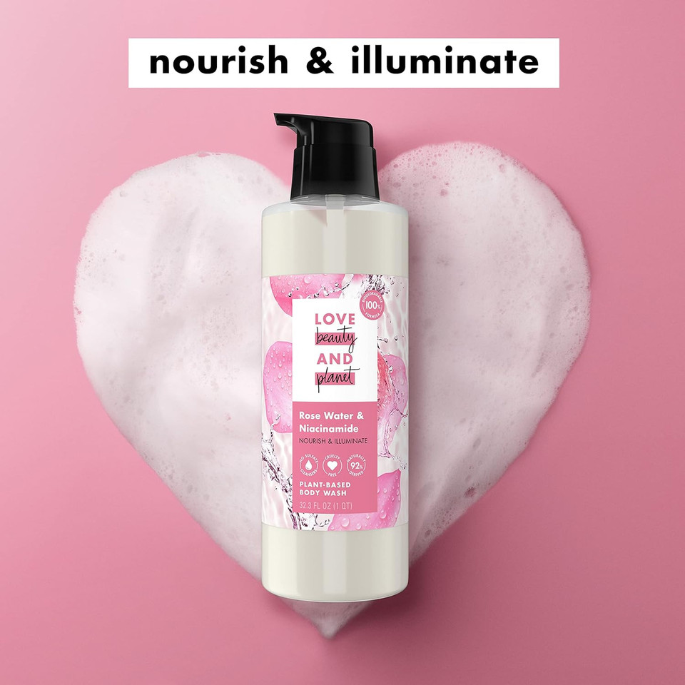 Love Beauty And Planet Plant-Based Body Wash Nourish And Illuminate Skin Rose Water And Niacinamide Made With Plant-Based Cleansers And Skin Care Ingredients 32.3 Fl Oz32.3 Fl Oz (Pack Of 1)