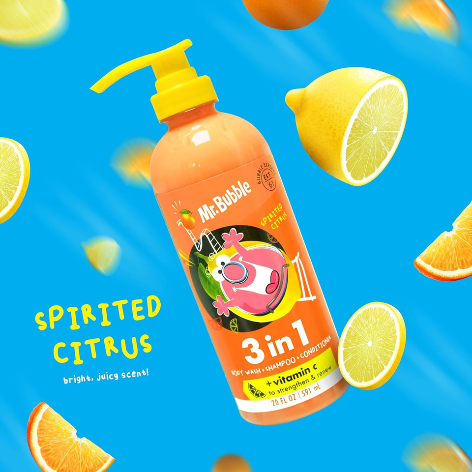 Mr. Bubble Spirited Citrus 3-In-1 Body Wash, Shampoo & Conditioner Plus Vitamin C Strengthen And Renew Hair And Body 3-Pack