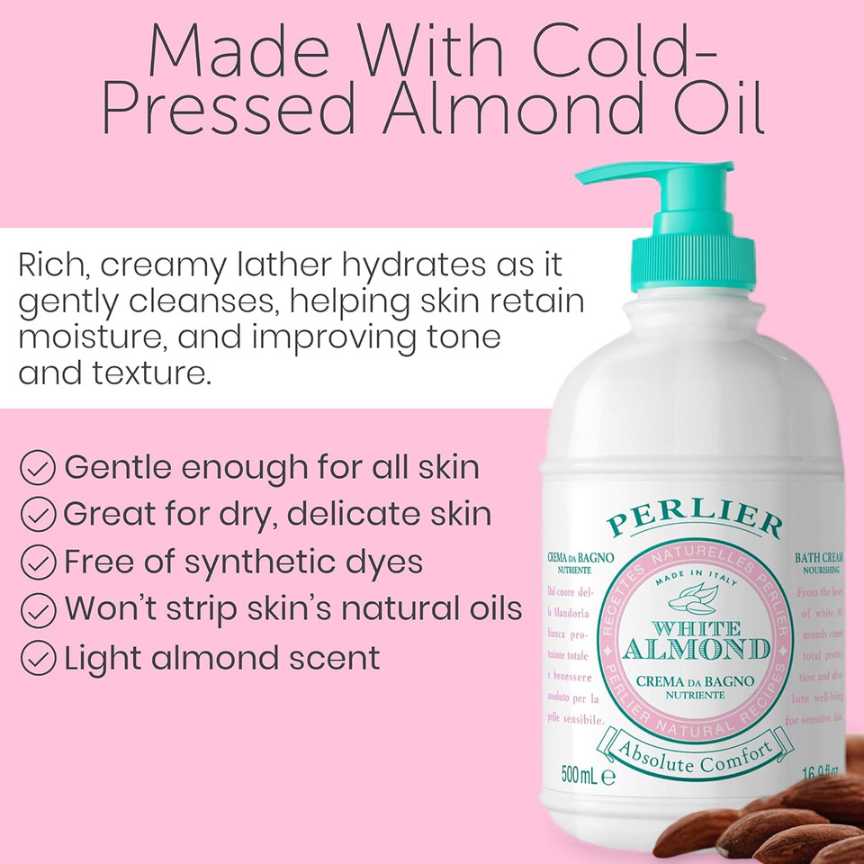 Perlier White Almond Shower & Bath Cream - Nourishing & Soothing Luxury Bath Cream Made With Almond Oil For Deep Moisturization And Hydration (16.9 Fluid Oz.)