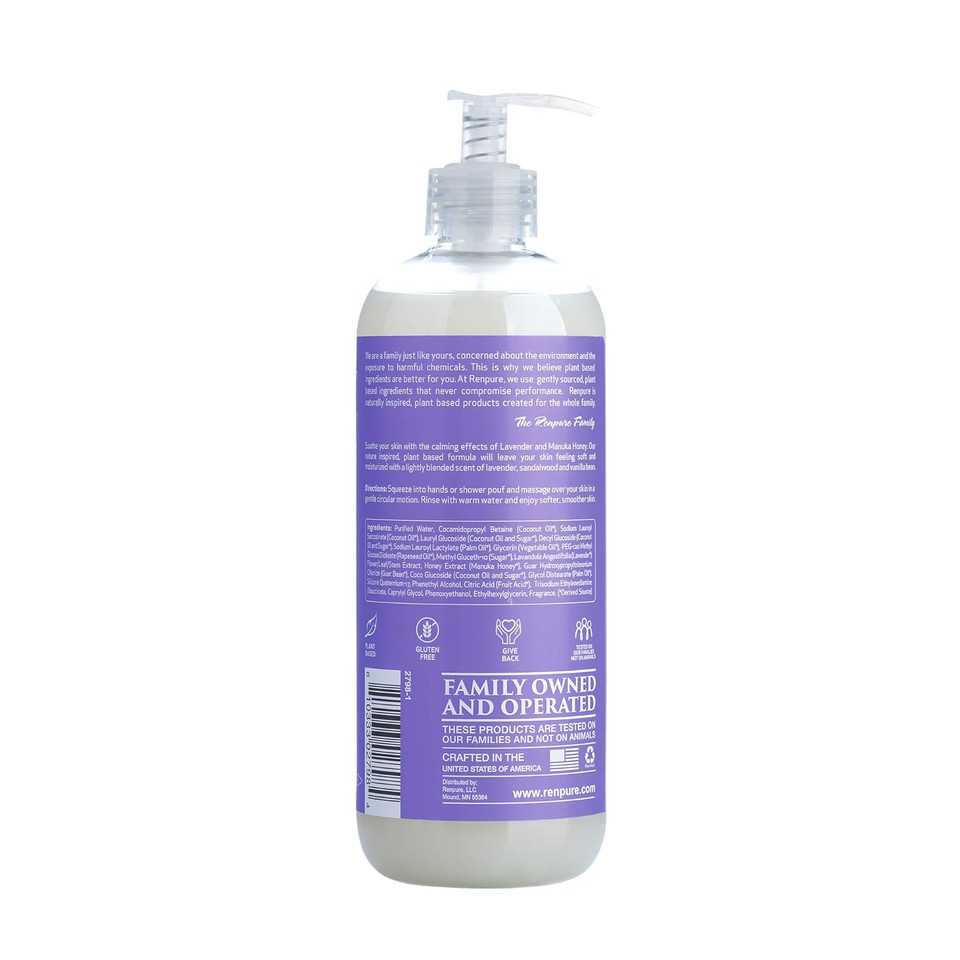 Renpure Plant-Based Organic Natural Lavender Body Wash, Manuka Honey & Coconut Oil For Body  Sulfate Free, Moisturizing Shower Gel & Sensitive Skin Body Wash With Pump For Women, 19 Ounce
