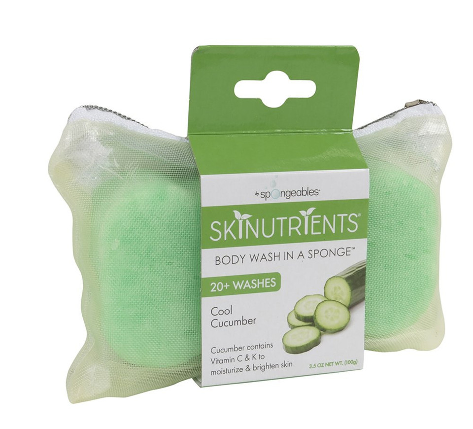 Spongeables Skinutrients Moisturizing Body, Wash In A Sponge With Bonus Travel Bag, 20+ Washes, Cucumber, 3 Countcool Cucumber
