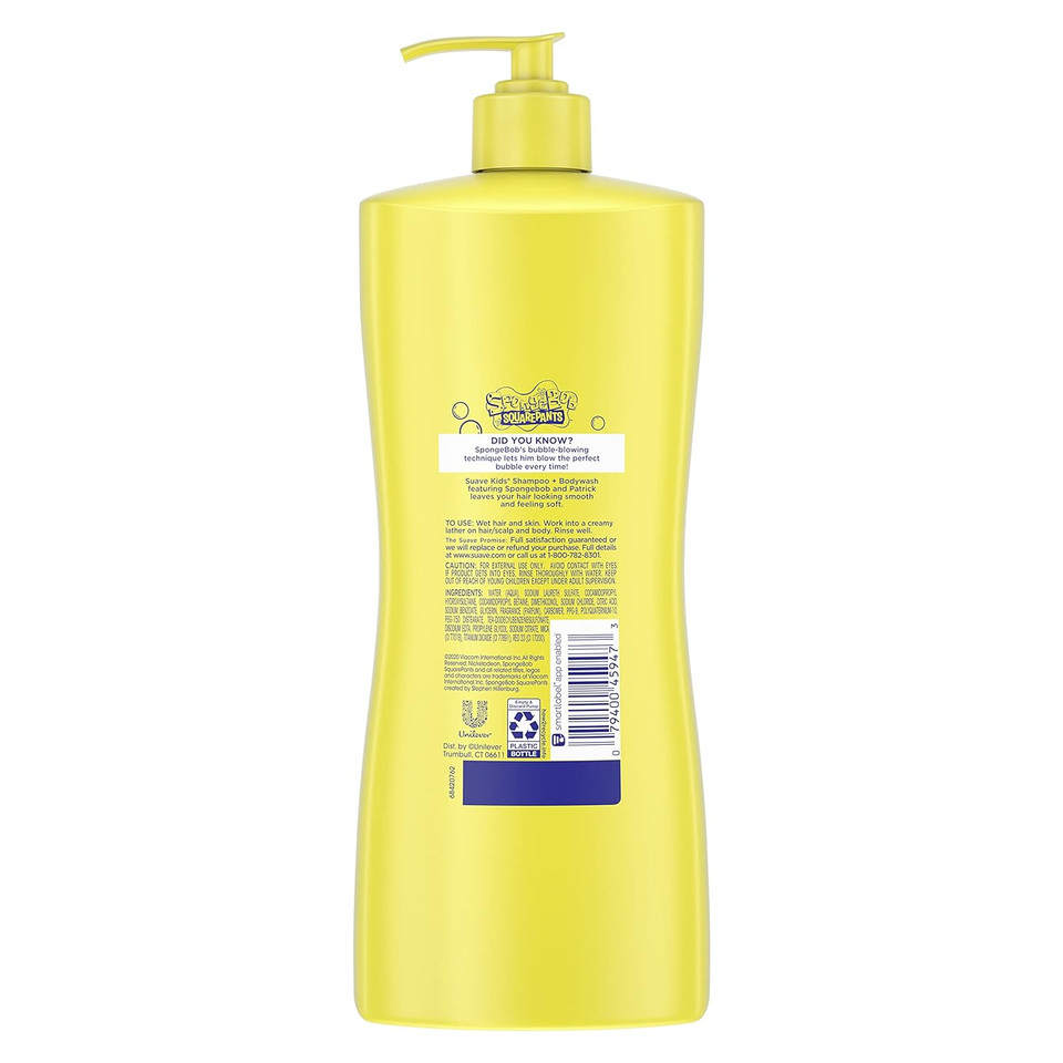 Suave Kids 2In1 Shampoo & Body Wash For Kids Nickelodeon Spongebob Dermatologist-Tested And Tear-Free, Strawberry, Yellow, 28 Fl Oz