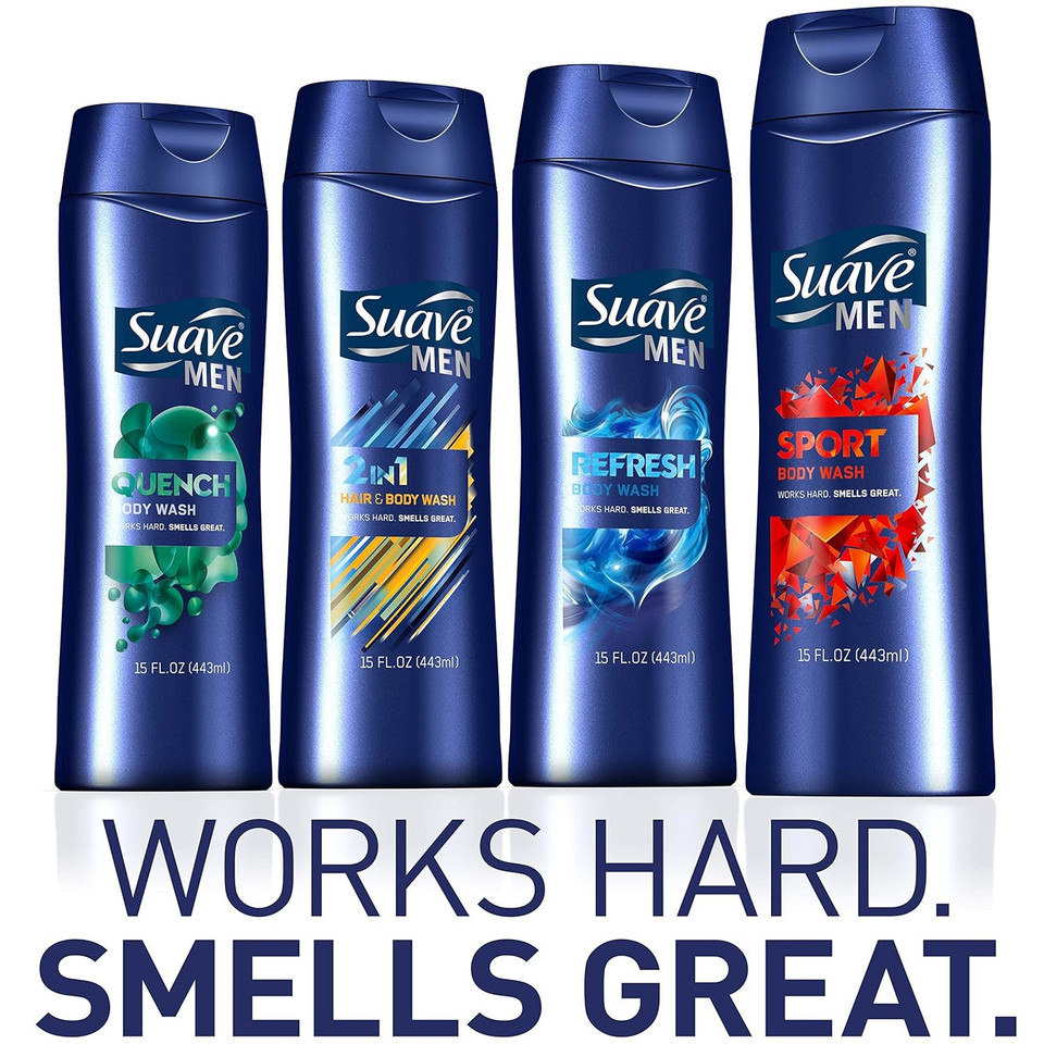 Suave Men 3In1 For Everyday Use Hair, Body And Face Wash Fragrance Bodywash, Shower Gel And Shampoo For Men 15 Fl Oz (Pack Of 6)