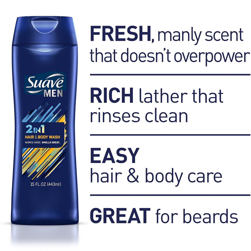 Suave Men 3In1 For Everyday Use Hair, Body And Face Wash Fragrance Bodywash, Shower Gel And Shampoo For Men 15 Fl Oz (Pack Of 6)