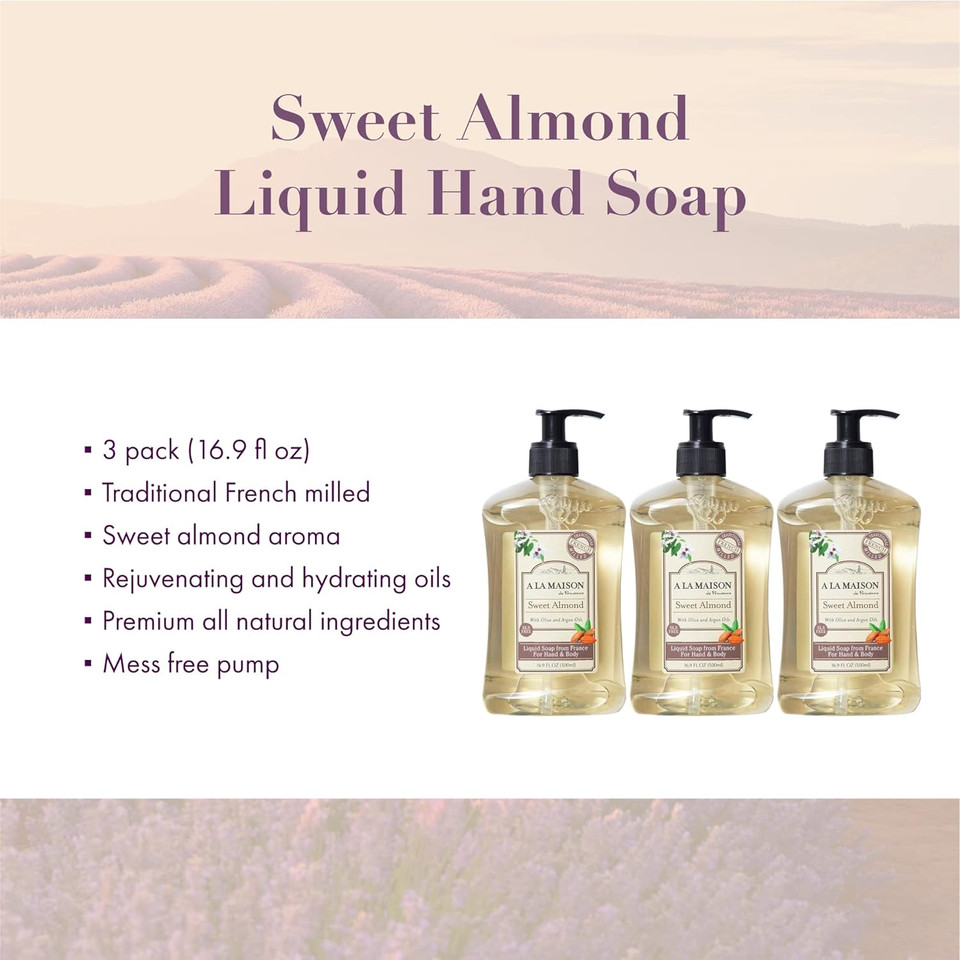 A La Maison Liquid Soap, Almond - Uses: Hand And Body, Triple Milled, Essential Oils, Biodegradable, Plant Based, Vegan, Cruelty-Free, Alcohol & Paraben Free (16.9 Oz, 3 Pack)