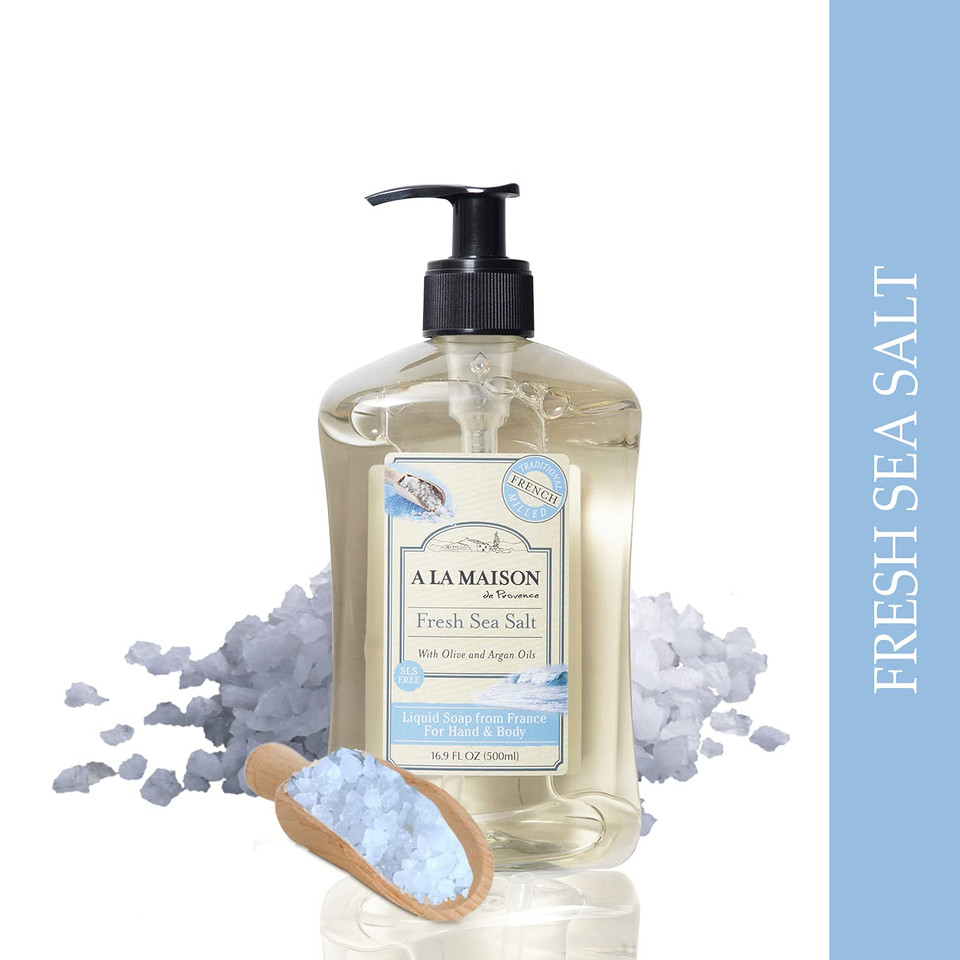A La Maison Liquid Soap, Fresh Sea Salt - Uses: Hand And Body, Triple Milled, Essential Oils, Biodegradable, Plant Based, Vegan, Cruelty-Free, Alcohol & Paraben Free (16.9 Oz, 3 Pack)