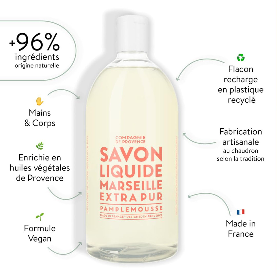 Compagnie De Provence Savon De Marseille Extra Pure Liquid Soap - Pink Grapefruit - 33.8 Fl Oz Plastic Bottle Refill