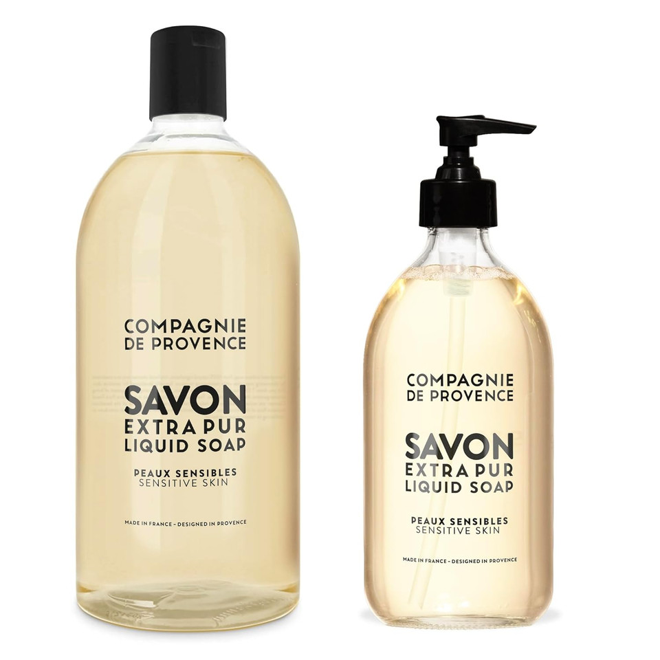 Compagnie De Provence Savon De Marseille Extra Pure Liquid Soap - Sensitive Skin - 16.7 Fl Oz Glass Pump Bottle And 33.8 Fl Oz Plastic Bottle Refillgift Set