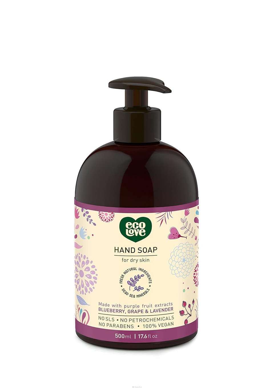 Ecolove - Natural Liquid Hand Soap - Organic Blueberry, Grape & Lavender - No Sls Or Parabens - Vegan And Cruelty-Free Hand Soap, 17.6 Oz