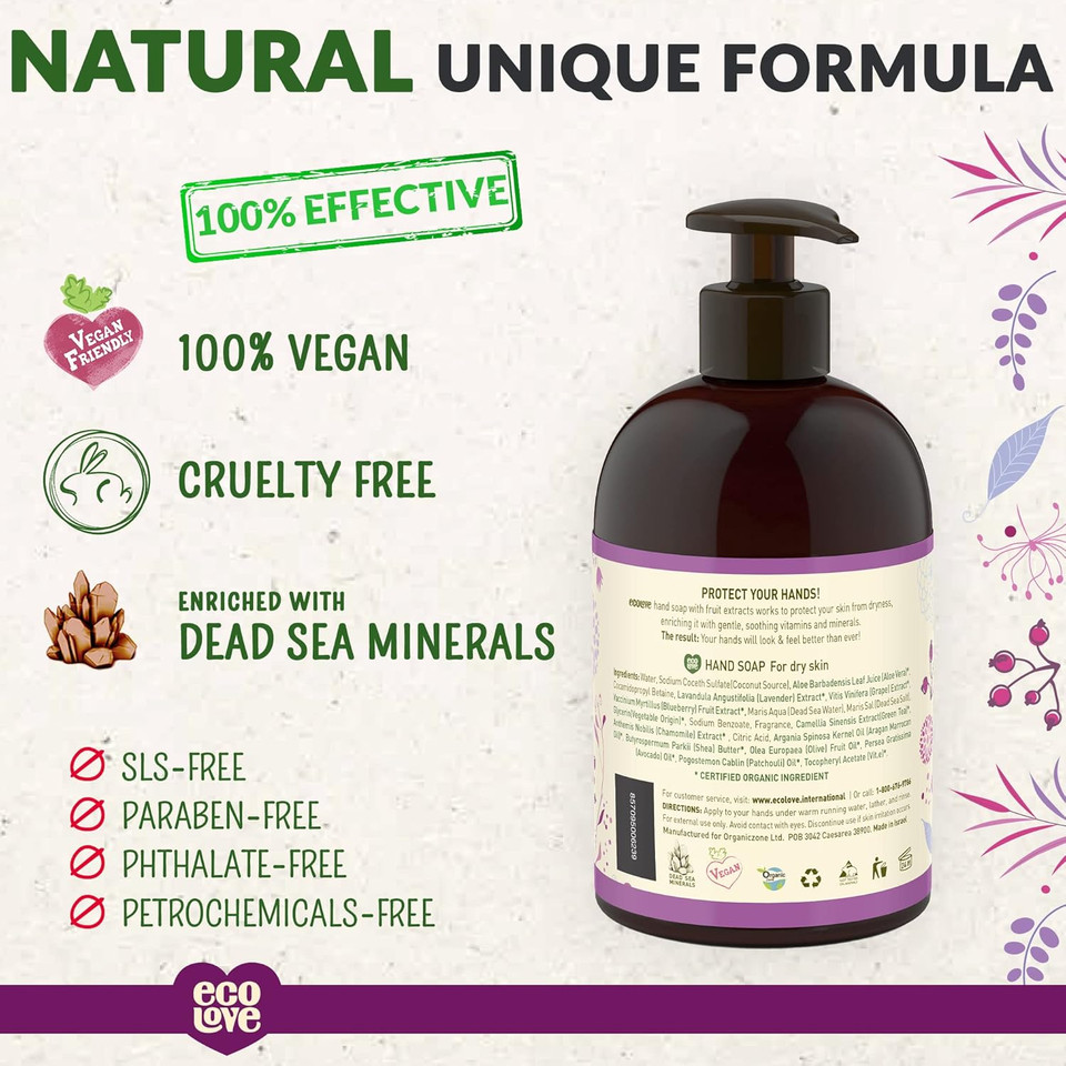 Ecolove - Natural Liquid Hand Soap - Organic Blueberry, Grape & Lavender - No Sls Or Parabens - Vegan And Cruelty-Free Hand Soap, 17.6 Oz
