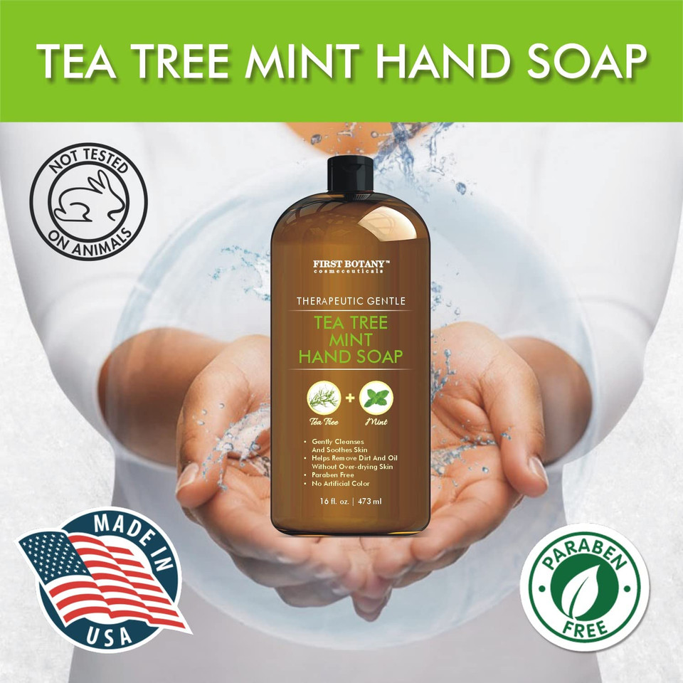 First Botany Tea Tree Mint Hand Soap - Liquid Hand Soap With Peppermint, Jojoba & Coconut Oil Multipurpose Liquid Soap Natural Bathroom Soap & Liquid Hand Wash - 16 Oz