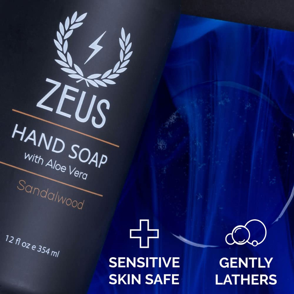 Zeus Liquid Hand Soap With Aloe Vera, Natural Moisturizing Hand Wash, Prevents Dry Skin  Made In Usa (Sandalwood) 12 Oz