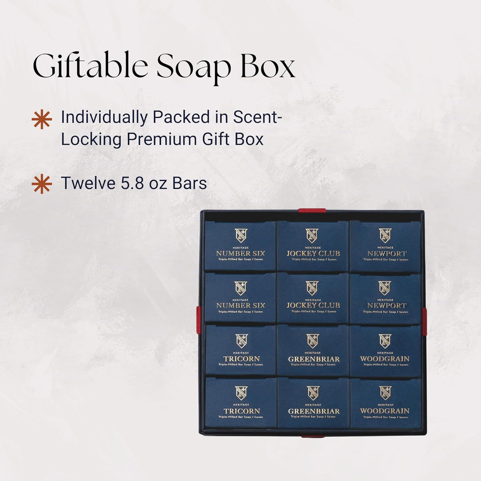 Caswell-Massey Triple Milled Heritage Collection Year Of Soap Twelve-Soap Set: Newport, Tricorn, Greenbriar, Number Six, Jockey Club, Woodgrain Sandalwood, 5.8 Oz Soaps (12 Bath Bars)