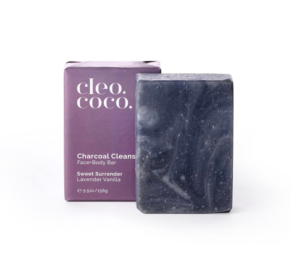 Cleo+Coco Cleanse Bar, Activated Charcoal Face And Body Cleansing Soap Bar, Zero Waste Package, Aluminum Free, For All Skin Types Including Acne, Eczema, Psoriasis, Made In Us  Lavender Vanilla 5.5Oz