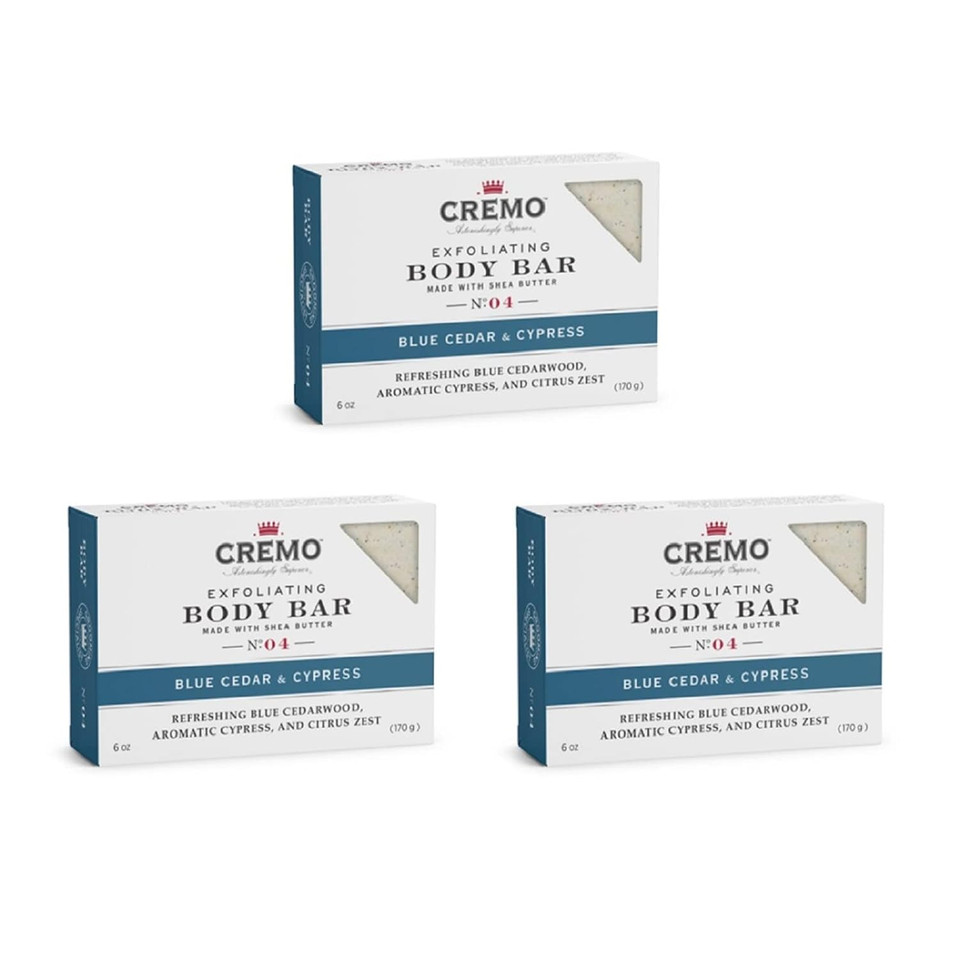 Cremo Exfoliating Body Bars Blue Cedar & Cypress - A Combination of Lava Rock and Oat Kernel Gently Polishes While Shea Butter Leaves Your Skin Feeling Smooth and Healthy (Pack of 3)