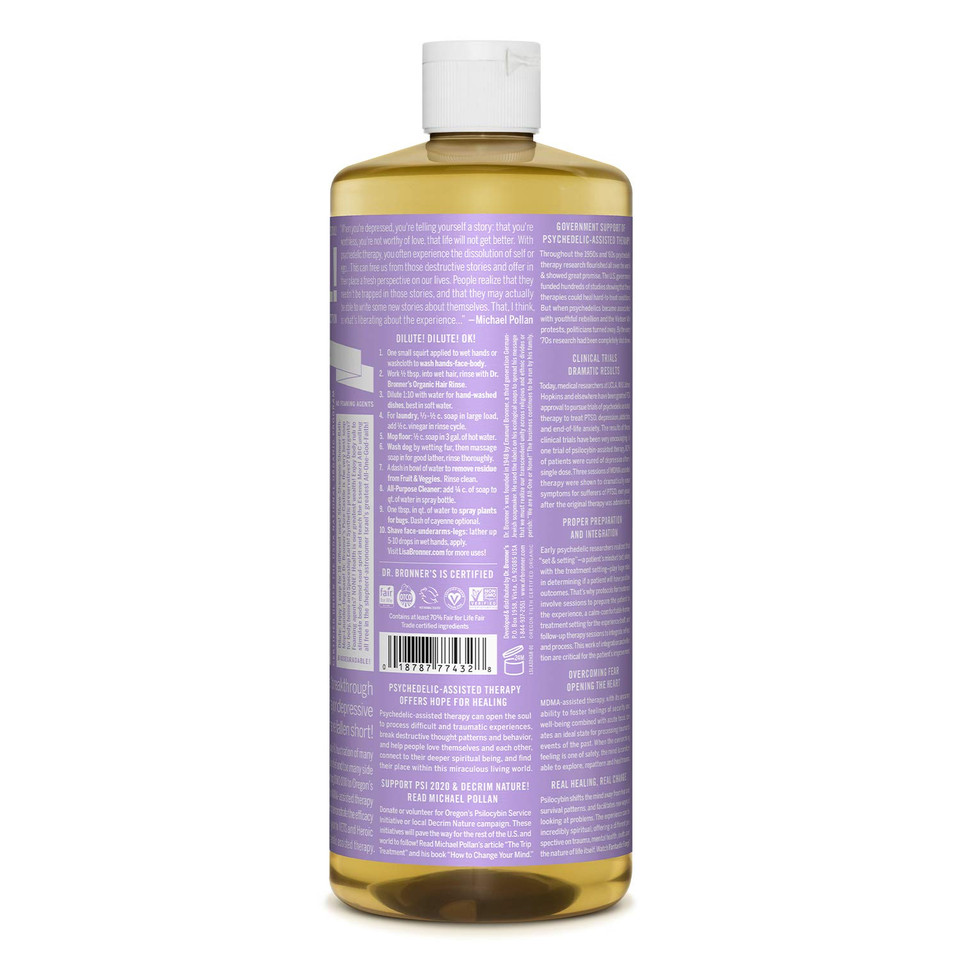 Dr. Bronners - Pure-Castile Liquid Soap (Lavender, 32 ounce) - Made with Organic Oils, 18-in-1 Uses: Face, Body, Hair, Laundry, Pets and Dishes, Concentrated, Vegan, Non-GMO32 Fl Oz (Pack of 1)