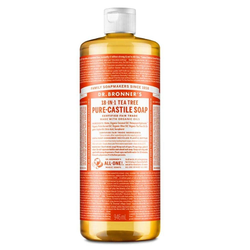 Dr. Bronnerã¢ÂS - Pure-Castile Liquid Soap (Tea Tree, 32 Ounce) - Made With Organic Oils, 18-In-1 Uses: Acne-Prone Skin, Dandruff, Laundry, Pets And Dishes, Concentrated, Vegan, Non-Gmo32 Fl Oz (Pack Of 1)