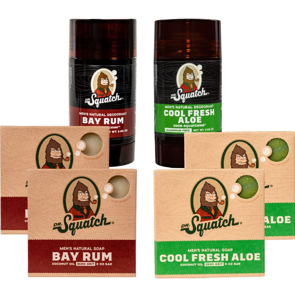Dr. Squatch Manly Soap And Deodorant Variety Pack - Handmade With Organic Oils, Aluminum-Free - Cool Fresh Aloe And Bay Rum - Men'S Natural Soap