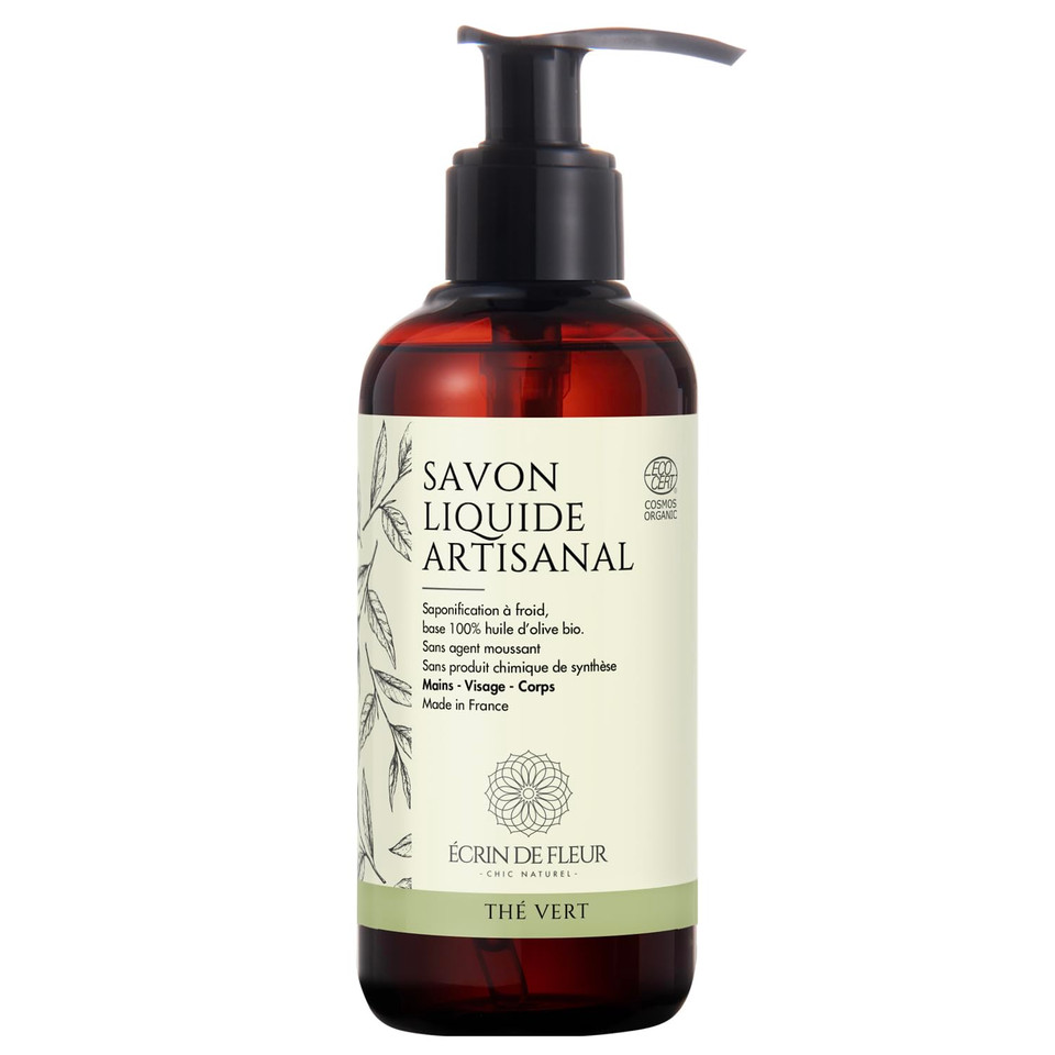 ÉCrin De Fleur - Handmade Green Tea Liquid Soap, Certified Organic, Foam-Free, Made With Olive Oil, Antioxidant, Hypoallergenic, Face-Hand-Body - Made In France, 8.45 Fl. Oz