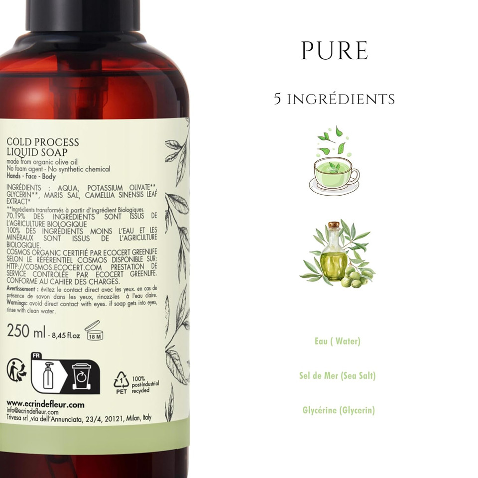 ÉCrin De Fleur - Handmade Green Tea Liquid Soap, Certified Organic, Foam-Free, Made With Olive Oil, Antioxidant, Hypoallergenic, Face-Hand-Body - Made In France, 8.45 Fl. Oz
