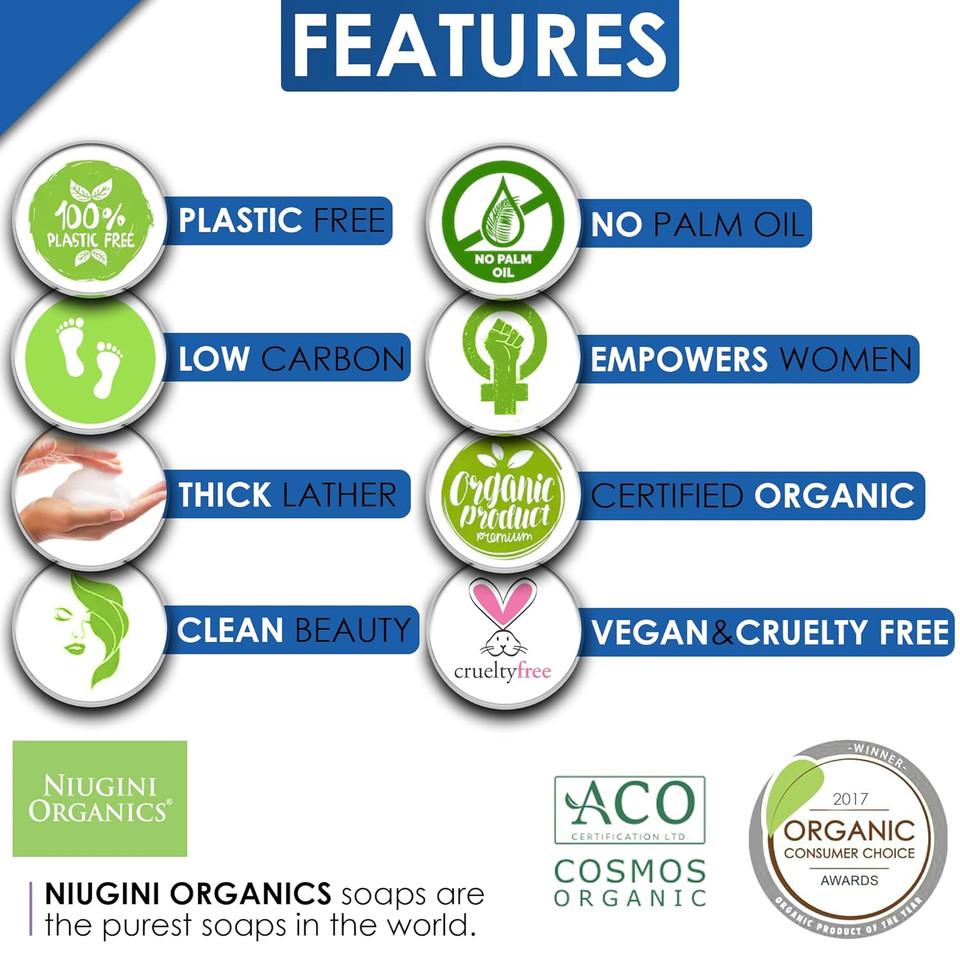 Niugini Organics Certified Super Organic Natural Bar Soap From Premium Coconut Oil - Cold Pressed Bath Soap For Men & Women - Face & Body Soap Bars - Jabon De Baã£Â±O (Pure Unscented, Pack Of 2)3.55 Ounce (Pack Of 2)