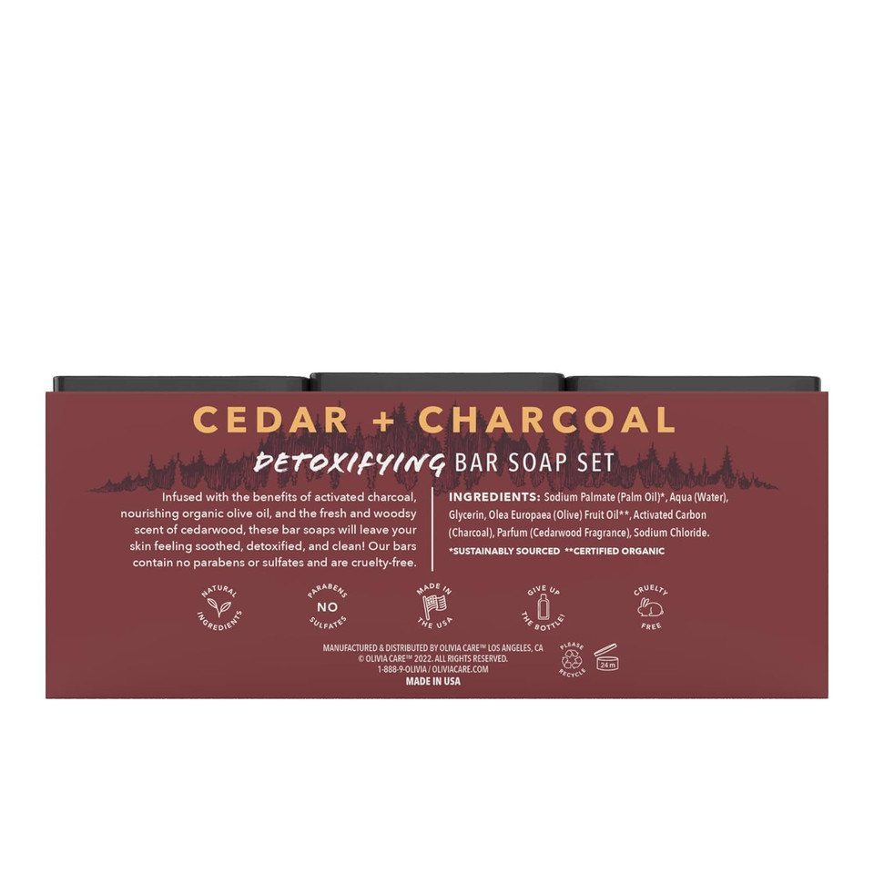 Olivia Care Men'S Natural Soap - All Natural Cedar Charcoal Exfoliating Bar Soaps For Men Made With Organic Ingredients 3 Pack Of 5 Oz Bars (Cedar Charcoal)