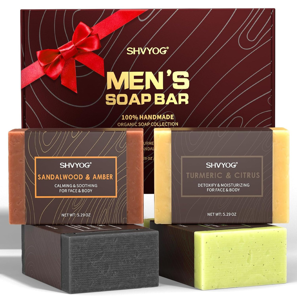 SHVYOG 4 Pcs Mens Soap, Mens Bar Soap, Natural Soap for Men, Cold Pressed Handmade Exfoliating Soap, Deep Cleansing, Moisturizing Bar Soap for Body & Face - Sandalwood Amber, Mint, Charcoal, Turmeric