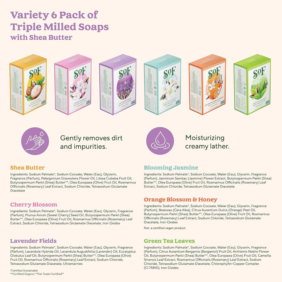 South Of France Natural Body Care Triple Milled Large 6Oz Bar Soap (Variety Pack B, 6 Bars)