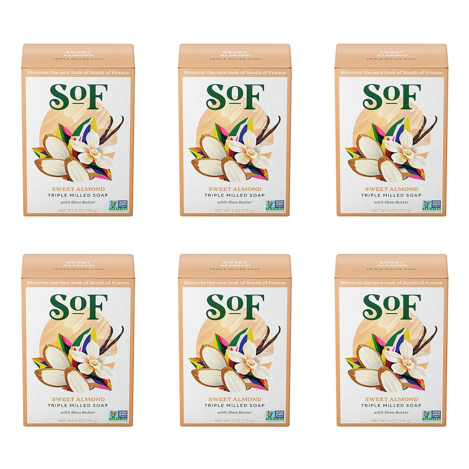 Sweet Almond Bar Soap By Sof Body Care (Formerly South Of France Body Care) | Triple-Milled Soap With Shea Butter + Essential Oils | Vegan, Non-Gmo Body Soap | 6 Oz Bar | 6 Bars6.00 Ounce (Pack Of 6)