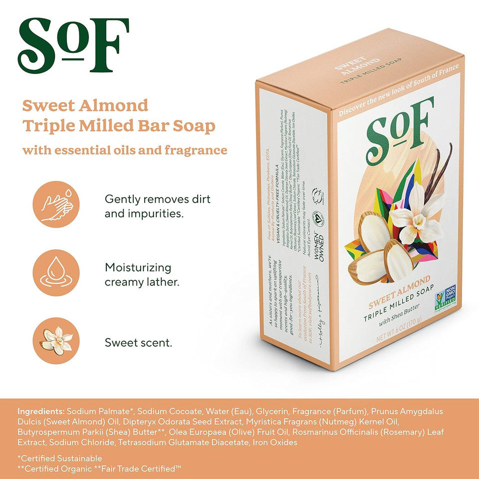 Sweet Almond Bar Soap By Sof Body Care (Formerly South Of France Body Care) | Triple-Milled Soap With Shea Butter + Essential Oils | Vegan, Non-Gmo Body Soap | 6 Oz Bar | 6 Bars6.00 Ounce (Pack Of 6)