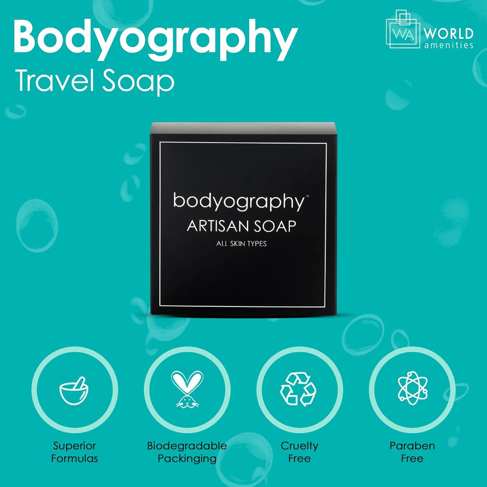 World Amenities Bodyography Travel Soap - Bulk Artisan Hand Soap | 100 Count, 1Oz/30G |- Lavender Peppermint - Travel Size Toiletries | Individually Boxed | 100% Recyclable Packaging100 Pack