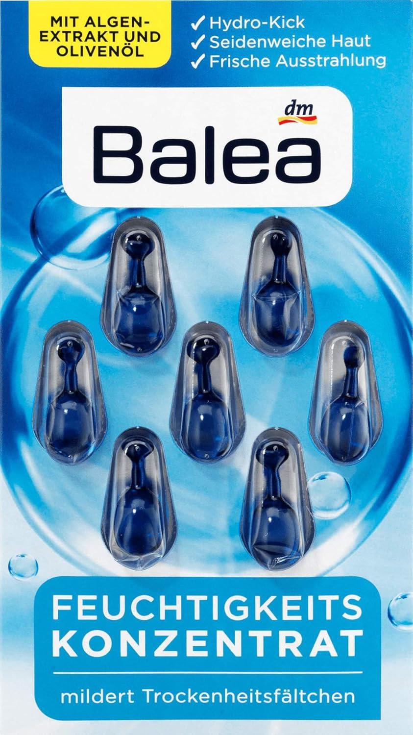 Balea Moisturizing Concentrate - Hydrating Oil Facial Capsules With Seaweed Extract, Vitamin E And Olive Oil, 2 X 7 Pcs, Germany