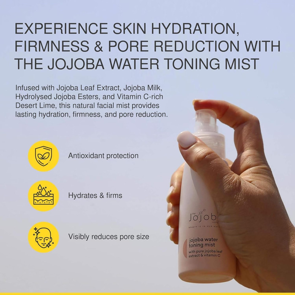 The Jojoba Company Water Toning Mist With Pure Jojoba Leaf Extract & Vitamin C - Hydrating, Toning & Firming - Antioxidant Protection - Reduces Pore Size - For Thirsty, Dehydrated & Dry Skin - 50Ml