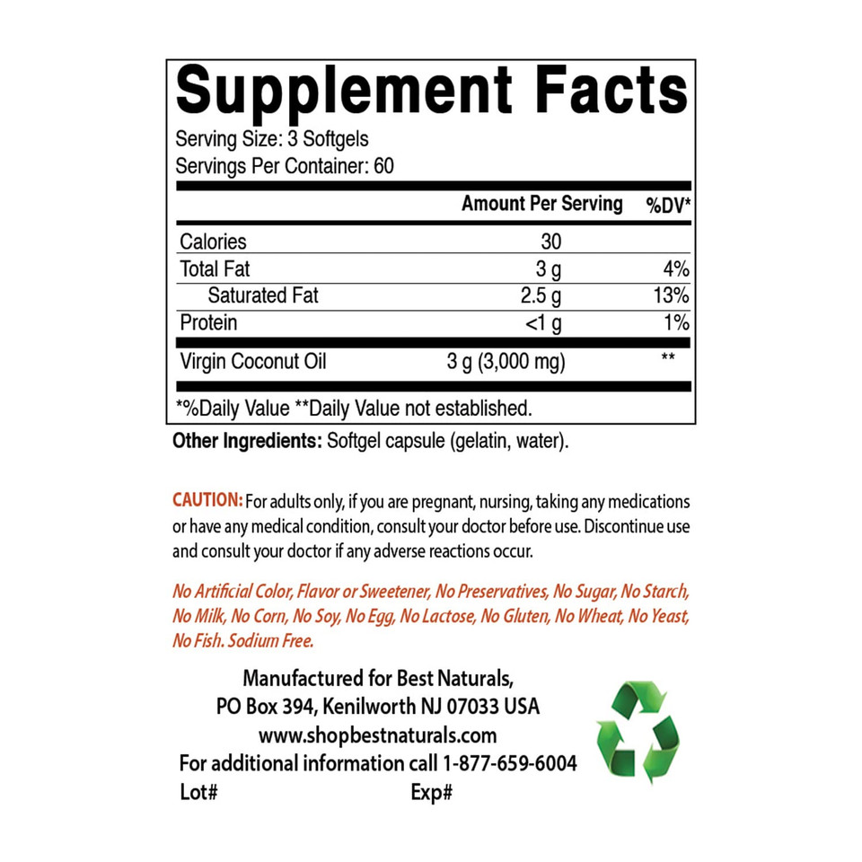 Best Naturals Extra Virgin Coconut Oil 1000 Mg Softgel, 180 Count