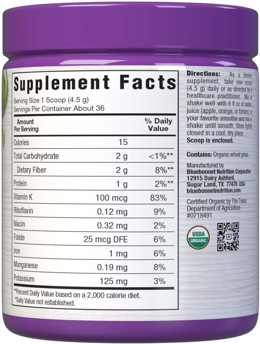 Bluebonnet Nutrition Super Earth Organic Wheatgrass Powder, 35 Servings, Dark Green, 5.6 Oz