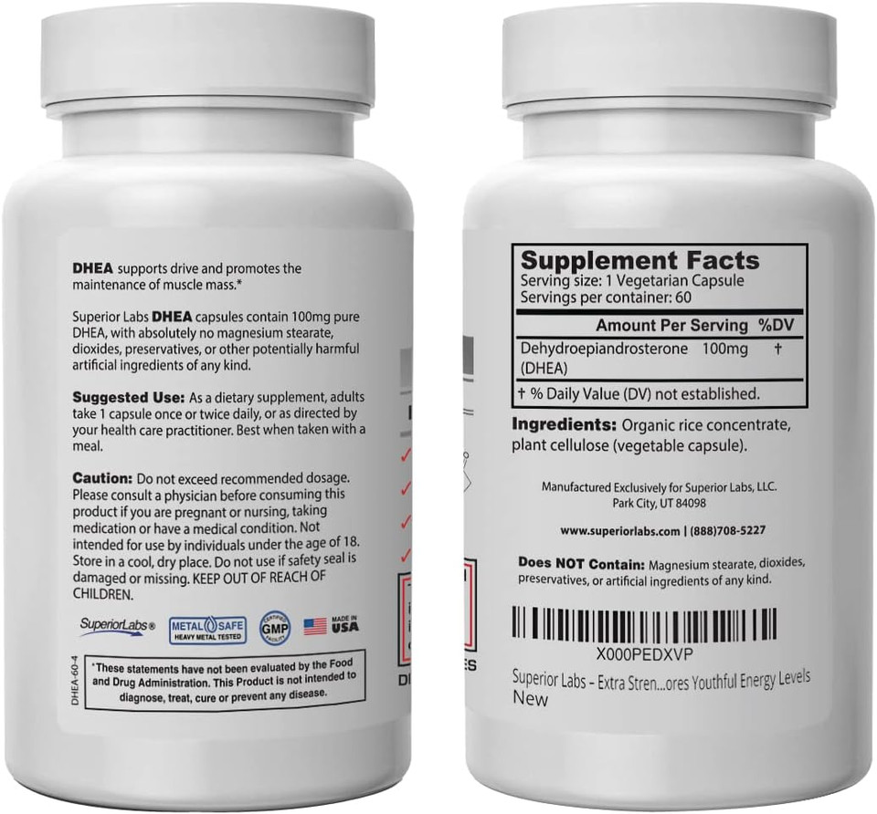 Superior Labs  Extra Strength Natural Dhea  Non-Gmo 100 Mg Dose, 60 Vegetable Capsules  Promotes Healthy Aging In Men & Women  Helps Restores Youthful Energy Levels