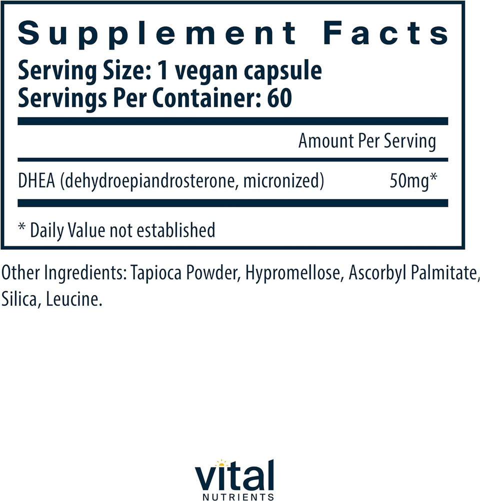 Vital Nutrients Dhea 50 Mg (Micronized) | Supports Metabolism, Bone Health, Hormone Levels And Energy Levels* | Gluten, Dairy And Soy Free | Non-Gmo | 60 Capsules