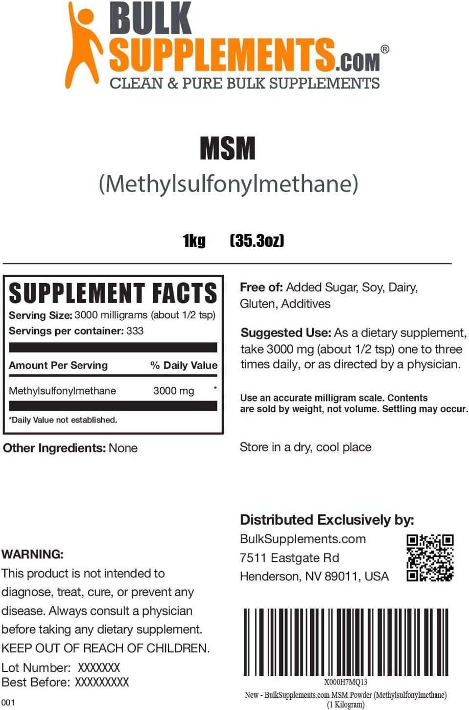 Bulksupplements.Com Msm Powder - Methylsulfonylmethane, Msm Supplement, Msm Crystals - Msm Pure Powder, Msm 3000Mg - Joints Supplements, Gluten Free, 3000Mg Per Serving, 1Kg (2.2 Lbs)2.2 Pound (Pack Of 1)