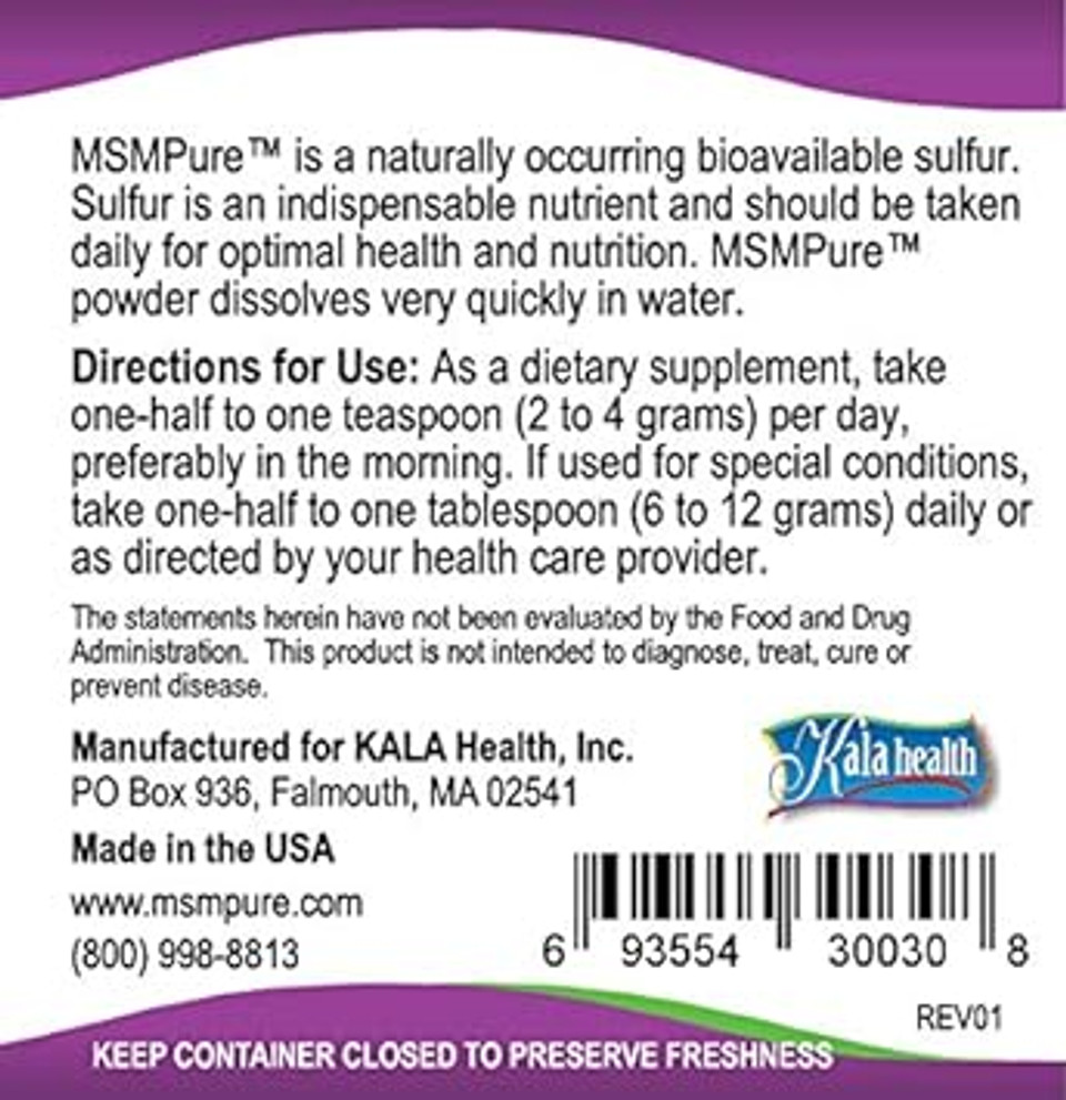 Kala Health Msmpure Msm - 8.8 Oz Coarse Powder Flakes, 99.9% Pure Distilled Organic Sulfur Crystals For Joint Health, Skin & Hair, Made In The Usaunflavored