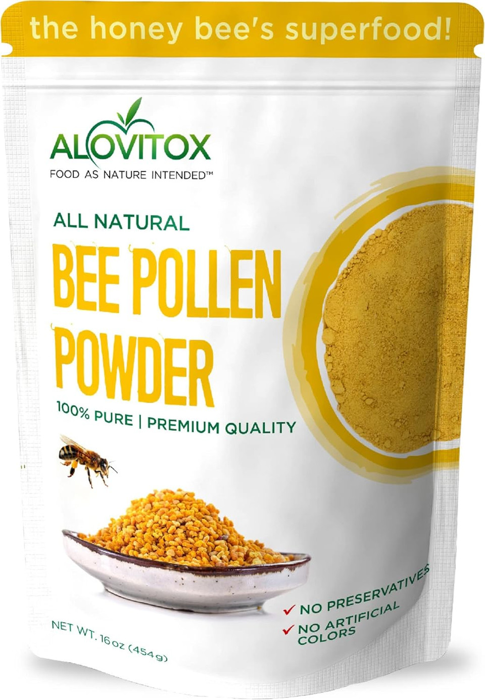 Alovitox Fresh Bee Pollen Powder 16 Oz | 100% Pure, Fresh Natural Raw Bee Pollen | Bee Pollen Supplement Proteins | Vitamins B6, B12, C, A Pollen Bee | Bee Pollen, Gluten Free Polen