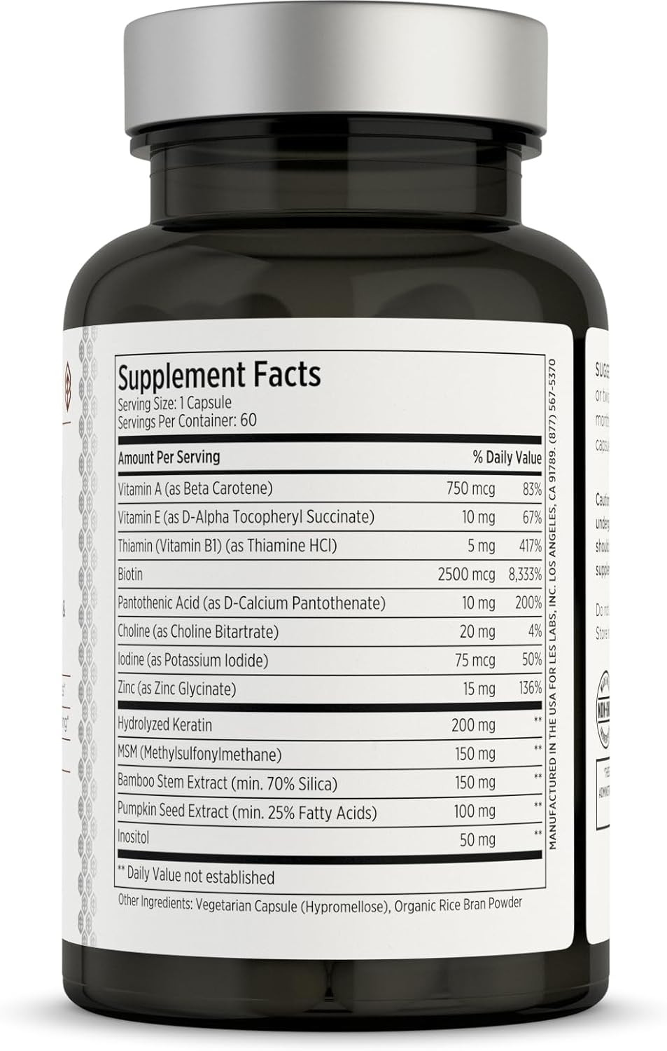 Les Labs Hair Health  Hair Growth & Nails Supplement, Improved Thickness, Strength & Fullness  Keratin, Biotin, Pumpkin Seed & Msm  60 Capsules
