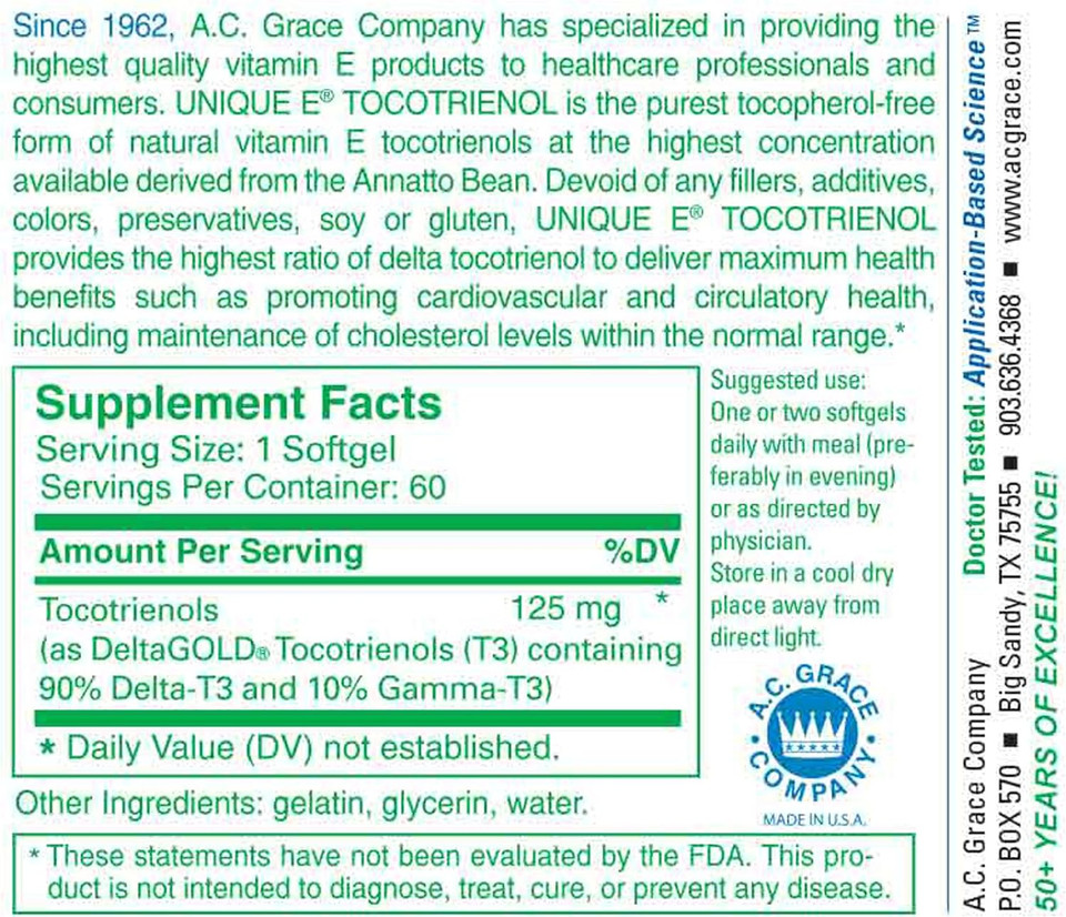 A C Grace Unique E Tocotrienols 125Mg 90 Softgels