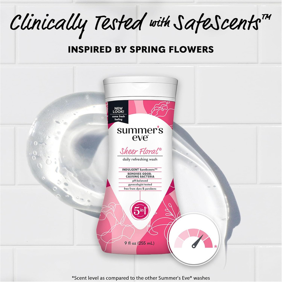 Summer'S Eve Sheer Floral Refreshing Daily All Over Feminine Body Wash, Removes Odor, Feminine Wash Ph Balanced, 9 Fl Oz, 12 Pack
