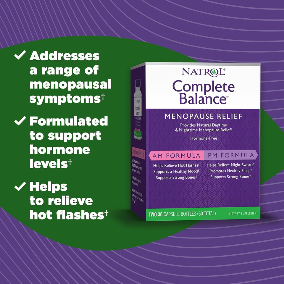 Natrol Complete Balance A.M./P.M. Capsules For Menopause Relief, Helps Relieve Hot Flashes And Night Sweats, Provides Mood Support, Purple, 30 Count, Pack Of 230 Count