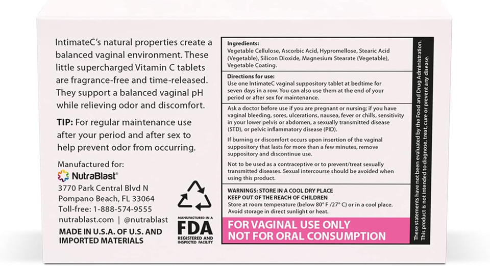 Nutrablast Intimatec Vaginal Odor Suppositories | 250Mg Ascorbic Acid | Supports Odor Control | Helps Relieve Vaginal Discomfort | Helps Promote Healthy Ph | Made In Usa (7 Count)