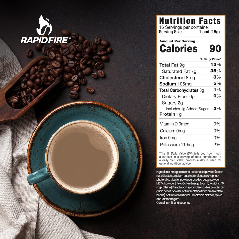 Rapidfire French Vanilla Ketogenic High Performance Keto Coffee Pods, Supports Energy & Metabolism, Weight Loss, 16 Single Serve K Cup Pods, Brown, French Vanilla, 16.0 Count