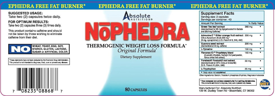 Absolute Nutrition Thermogenic Fat Burners, Nophedra Capsules, 80 Count Bottle