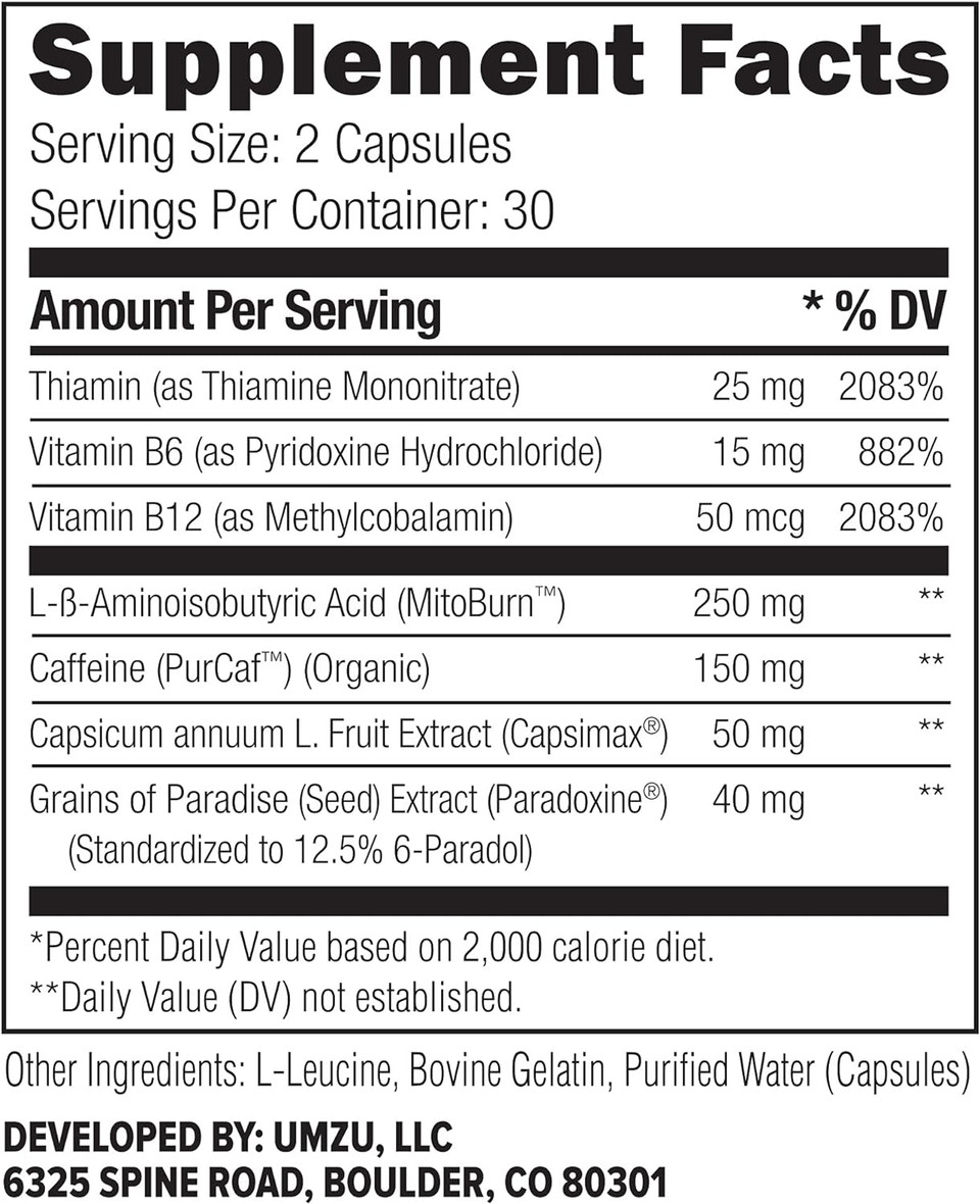 Umzu Zuburn - Thermogenic Supplement To Support Metabolism And Energy, Thermogenic Fat Burner, Blend Of Vitamins And Caffeine - (30 Day Supply 60 Capsules)